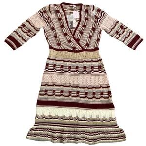 NWT V-Neck Pink/ Burgundy Striped Baby Alpaca Wool Knit Ruffle Hem Dress (L)